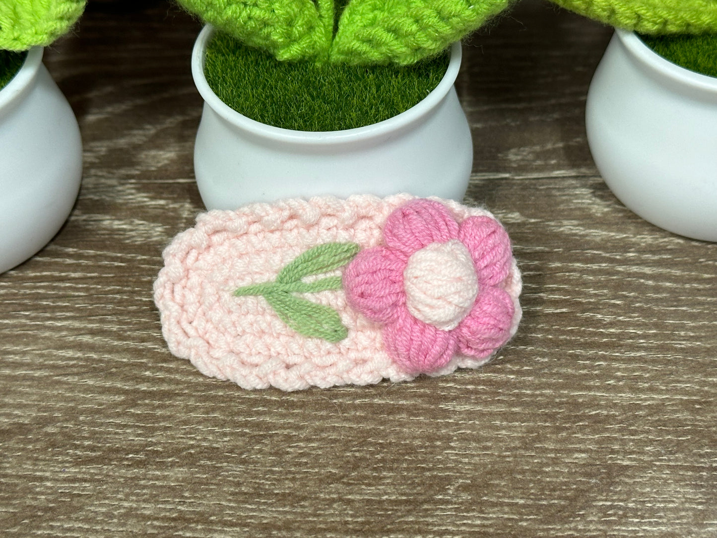Hand knitted Woolen Hair Clip Pink Flower Sunday's Creative