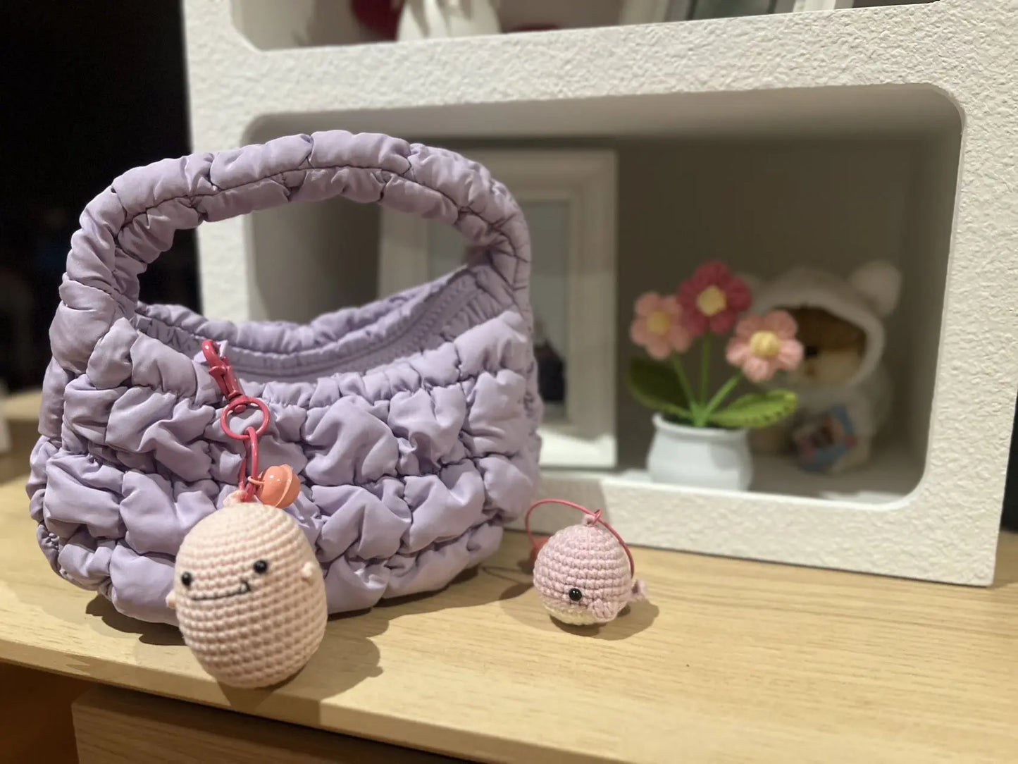 Hand knitted Woolen Key Chain/Bag Decor Pink Dinosaur Sunday's Creative