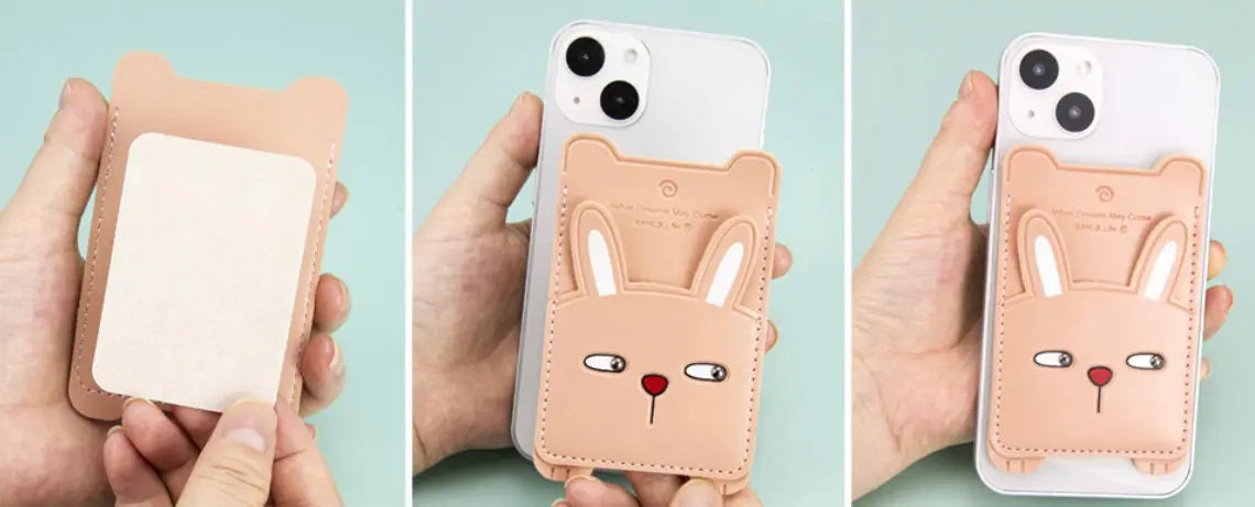 Personalized PU Leather Sticky Mobile Phone Wallet Card Holder Pink Rabbit or White Panda Sunday's Creative