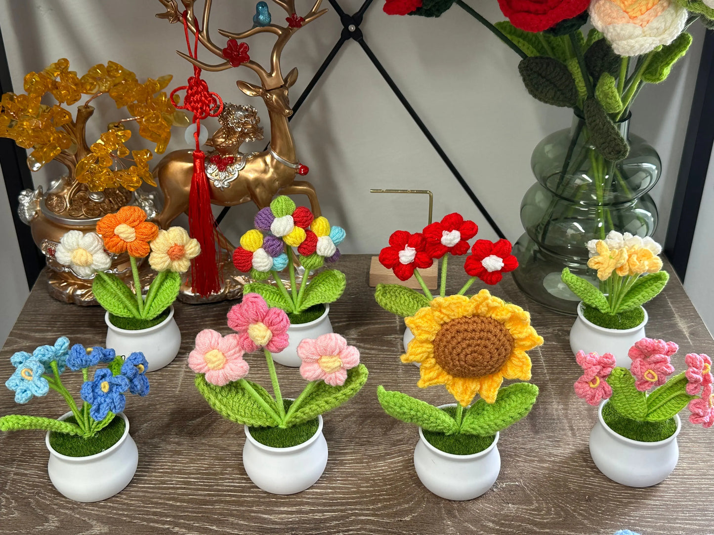 Pink Forget-Me-Not hand Crochet Woolen knitting flower pot - Sunday's Creative