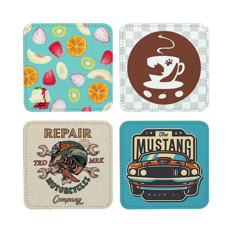Personalized PU Leather 10cm Round Cup Mat Drink Coasters Sunday's Creative