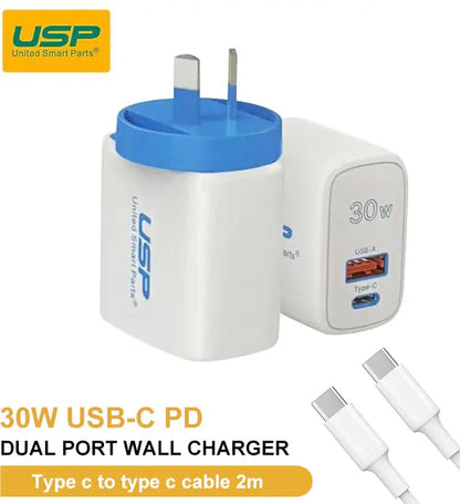 30W 2-Port Qualcomm Charger Quick Charge Wall Power Adapter with 1M Type C cable Sunday's Creative