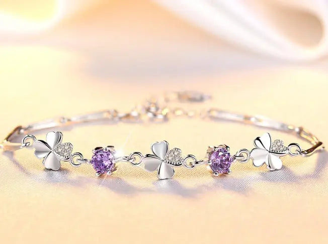 Lucky clover with diamond like Designer Elegant Luxury Bracelet Shining white or Purple Sunday's Creative