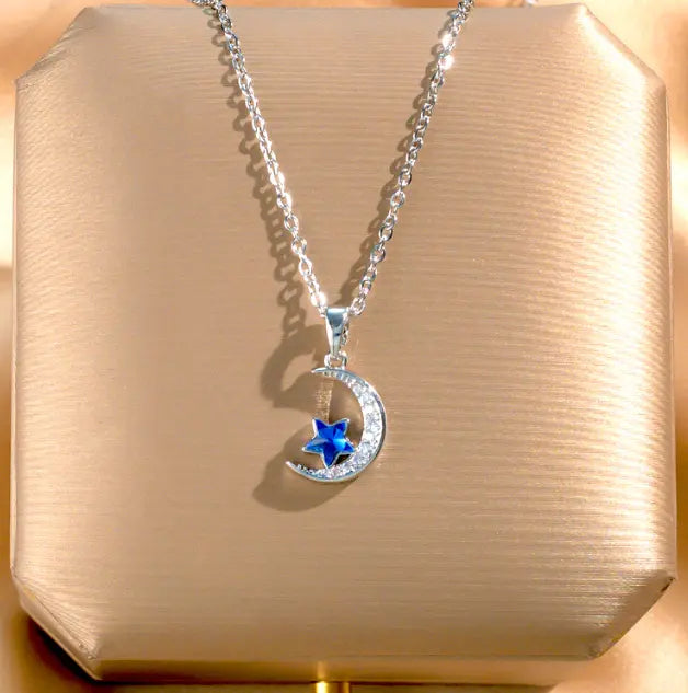 Stainless Steel Shining Moon with Blue Star Designer Elegant Luxury Necklace Silver Sunday's Creative
