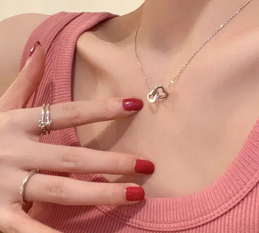 Stainless Steel Two Hearts Designer Elegant Luxury Necklace Silver or Rose Gold Color Sunday's Creative
