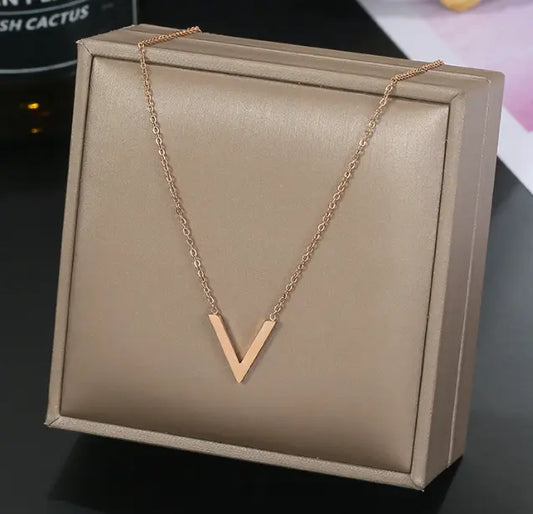 Stainless Steel V Letter Designer Elegant Luxury Necklace Rose Gold Sunday's Creative