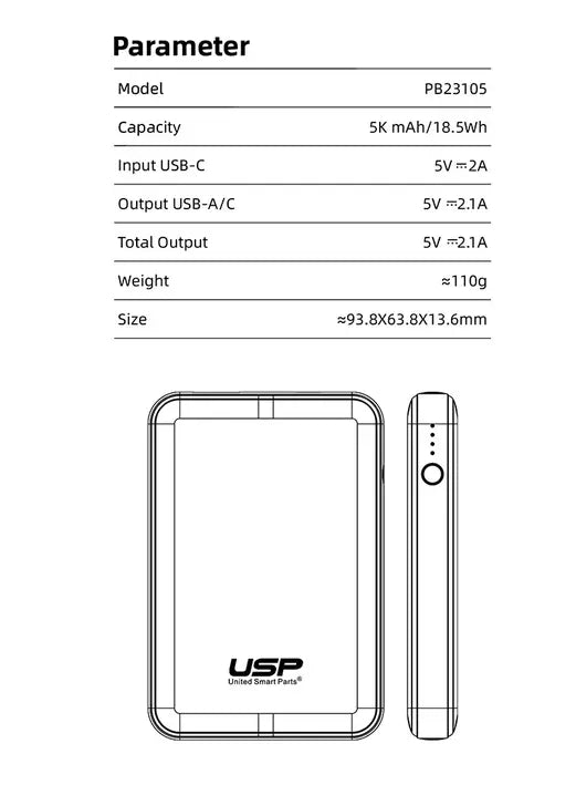 USP Mini Power Bank 5K mAh (5000mAh) White Sunday's Creative