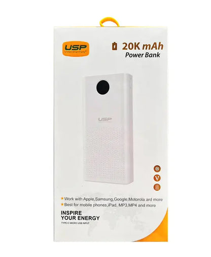 USP Power Bank 20K mAh (20000mAh) White with 2 USB Outputs and 2 Input Sunday's Creative